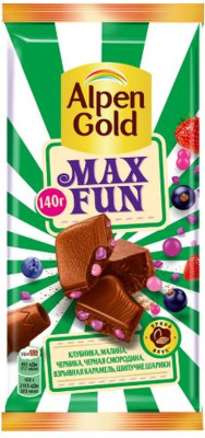 Альпен Гольд МаксФан Шоколад молочный с фруктово-ягодными кусочками 140гр РОССИЯ